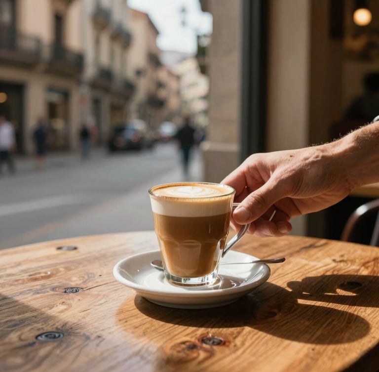 Close-up of hands serving a fresh cortado coffee on a rustic wooden table in a cozy Barcelona cafe, warm morning light, 35mm