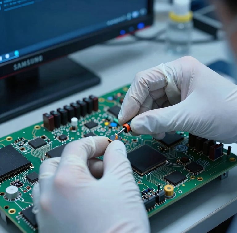 Primer plano extremo de un técnico con guantes antiestáticos manipulando un circuito integrado de un televisor Samsung de alta gama, luz azul técnica de laboratorio.