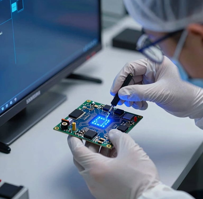 Close-up macro shot of a technician in clean anti-static gear carefully inspecting a glowing blue LED circuit board of a Samsung Smart TV, cool tech lighting.