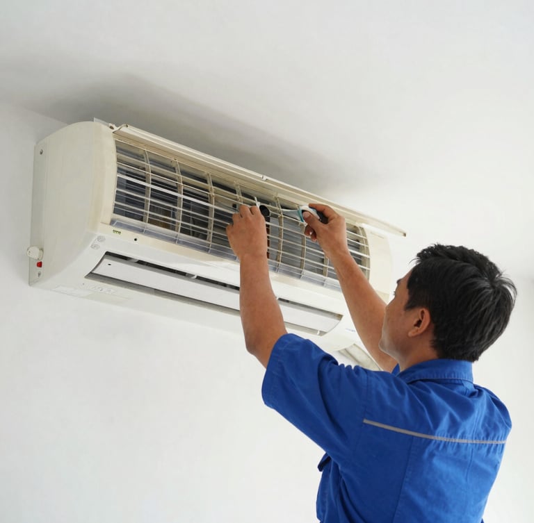 Close-up of a professional technician in blue uniform dismantling a wall-mounted AC unit inside a clean Indonesian home, bright natural daylight, 35mm lens