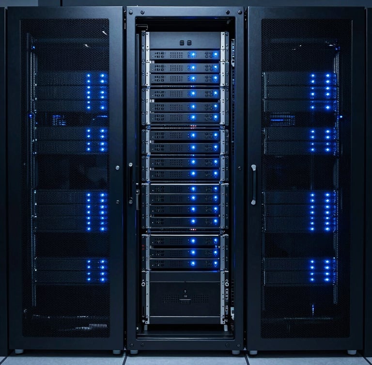 Sleek corporate photography of clean, neatly organized server racks with blue LED indicators, cool low-key lighting, deep midnight blue tones, sharp focus, 35mm