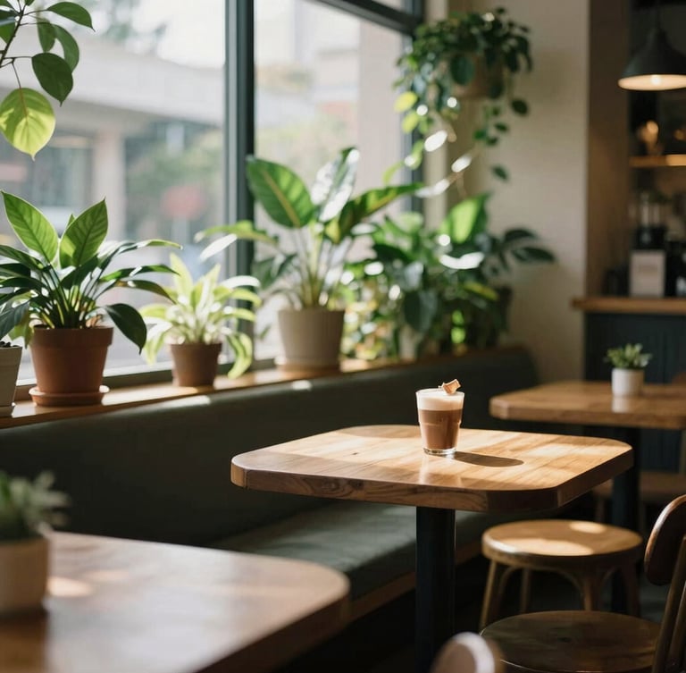 A cozy, plant-filled café interior with warm wooden tables, lush green indoor plants, soft sunlight streaming through a large window, comfortable seating, 35mm.