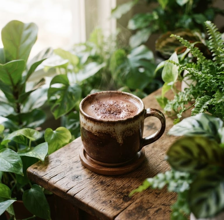 A steaming mug of thick whisked cocoa on a rustic wooden table, surrounded by lush green houseplant leaves, soft morning window light, 35mm photography