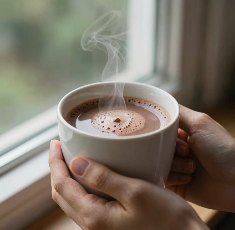 Intimate close-up of hands holding a warm, steaming mug of rich cocoa with thick froth, natural window lighting, shallow depth of field, 35mm