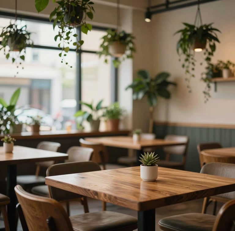 Warm cozy cafe interior with wooden tables, comfortable chairs, and abundant green indoor plants hanging from the ceiling, soft natural window light, 35mm