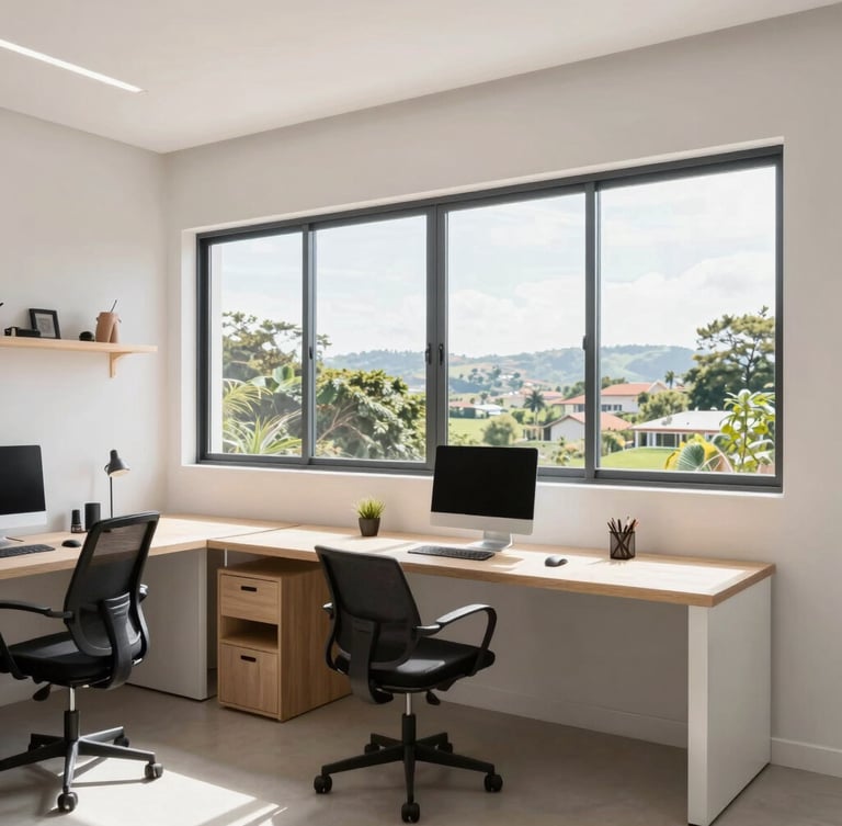 Bright architectural interior photography of a modern furnished studio in Varginha, natural window light, clean workspace, 24mm lens.