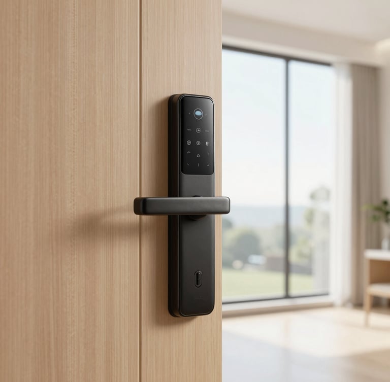 Close-up of premium studio amenities, smart lock on a wooden door, clean modern aesthetic, bright natural light.