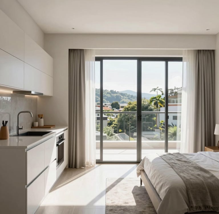 Bright modern studio apartment interior in Varginha, natural daylight streaming through large windows, clean lines, high-end compact kitchen on the left, comfortable bed, 24mm architectural photography.