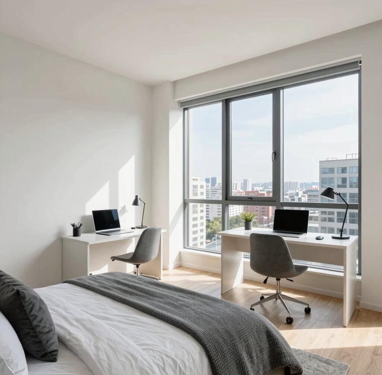 Wide interior shot of a premium studio apartment, showcasing smart layout, comfortable bed, study desk, and large window with natural daylight