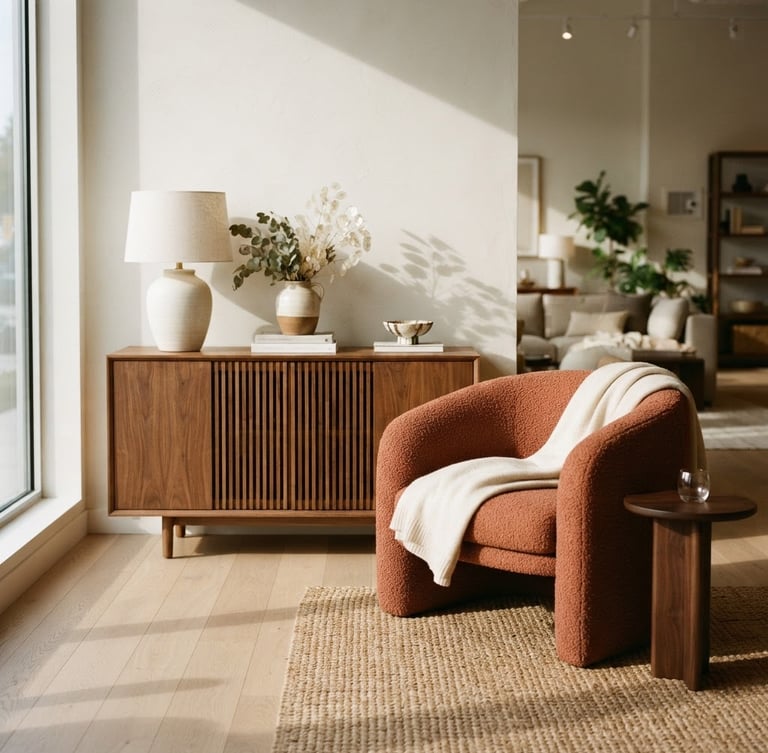 Warm editorial photography of a modern furniture showroom, natural afternoon light casting soft shadows on a terracotta chair and wooden credenza, 35mm