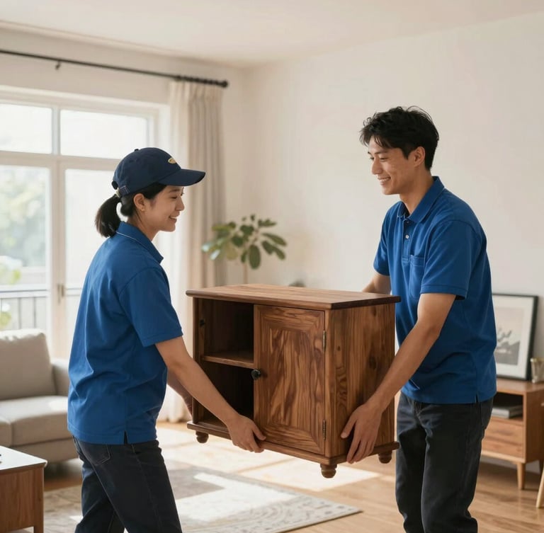 Warm editorial portrait of a professional delivery team carefully placing a beautifully crafted wooden cabinet in a bright, modern apartment, natural light, 35mm
