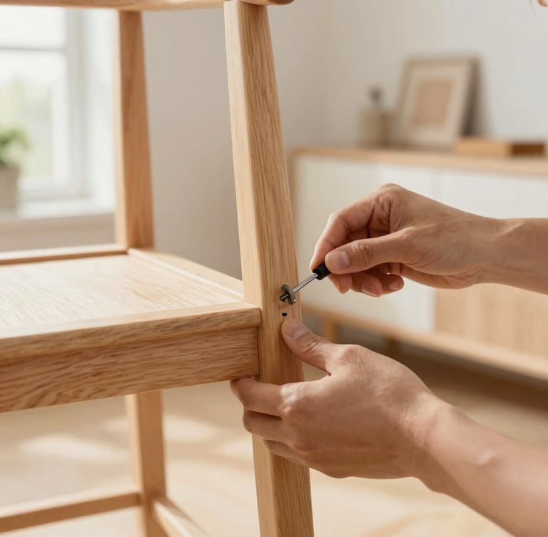 Close-up of hands assembling a wooden chair joint with precision tools, bright natural daylight, warm home workshop aesthetic, 35mm