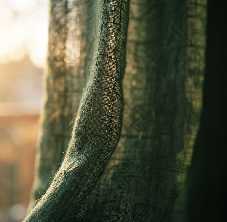 Close-up macro shot of a luxurious, textured sheer curtain fabric, in a deep forest green, with soft golden-hour sunlight filtering through, shallow depth of field, architectural interior photography.