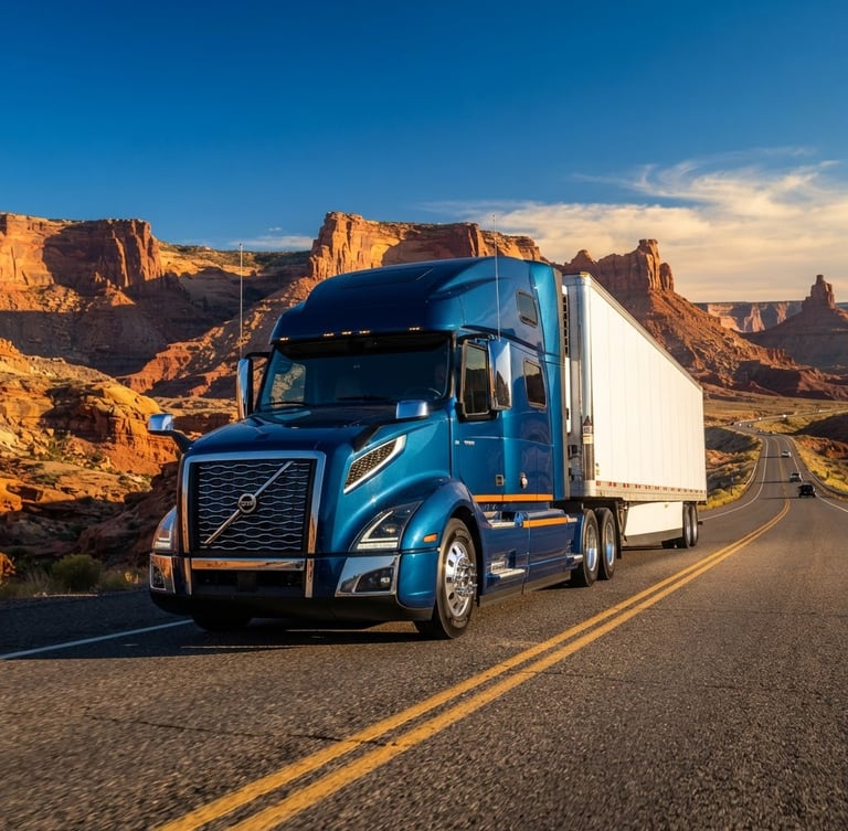 Low-angle heroic shot of a clean modern semi-truck on an open Utah highway, crisp golden-hour daylight, deep blue sky, sharp focus, 35mm lens