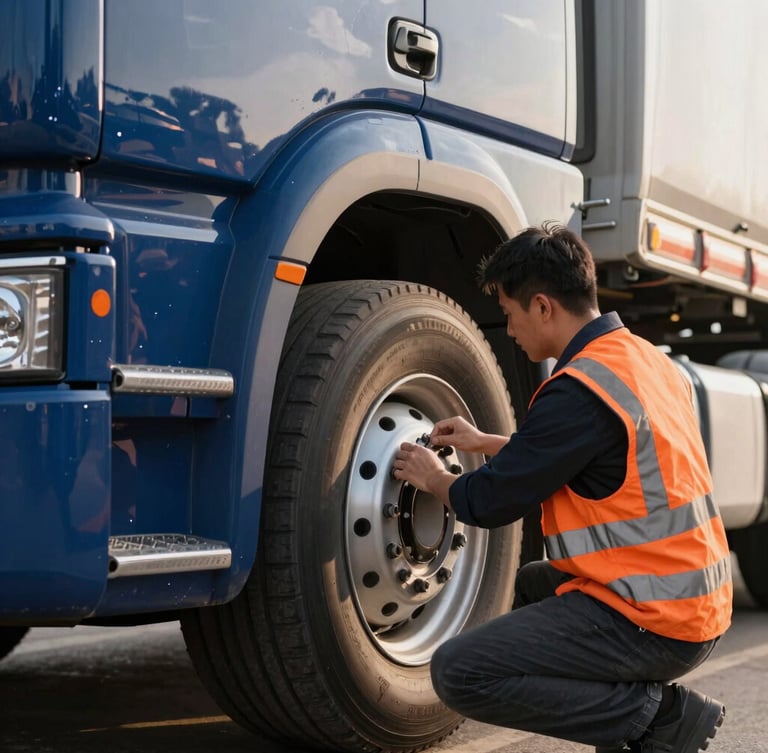 Close-up of a professional driver conducting a pre-trip inspection on a clean semi-truck wheel, morning daylight, sharp focus, 35mm lens