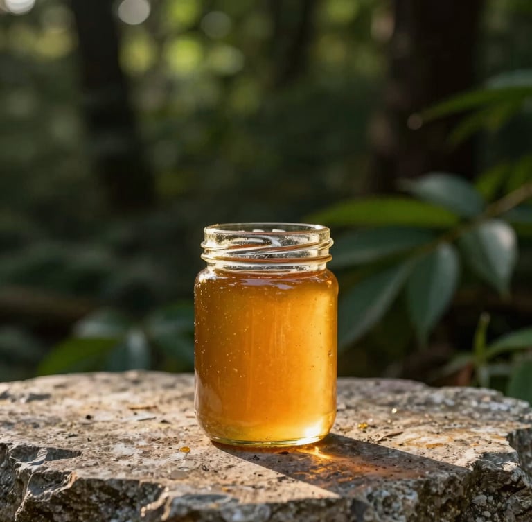 An elegant amber glass jar of premium honey reflecting soft golden hour light on a textured stone surface, dark forest green foliage in the soft-focus background, editorial luxury photography