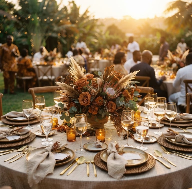 Elegant wedding reception setup in Kumasi, golden hour light, beautifully decorated tables, shallow depth of field, warm earth tones, 35mm