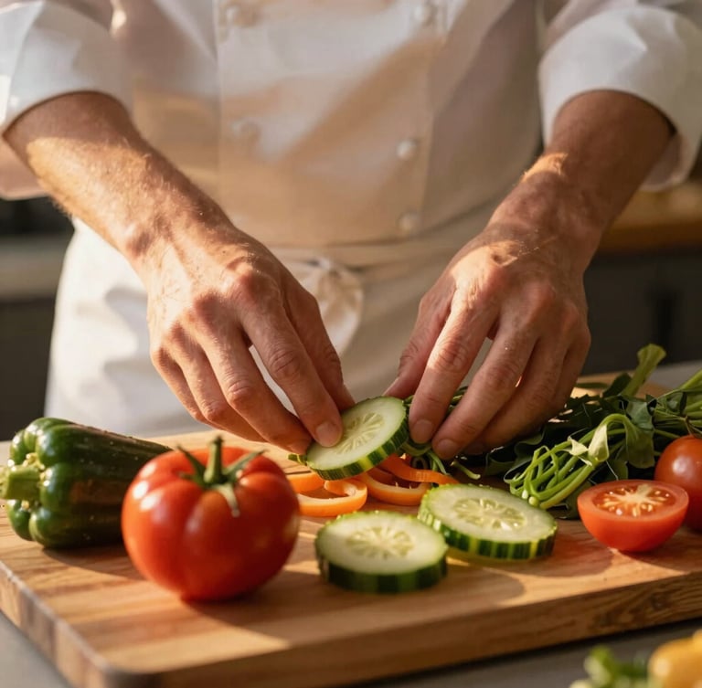 A close-up of a chef's hands carefully arranging fresh, vibrant local vegetables on a wooden cutting board, with soft golden-hour light filtering from the side, shallow depth of field.