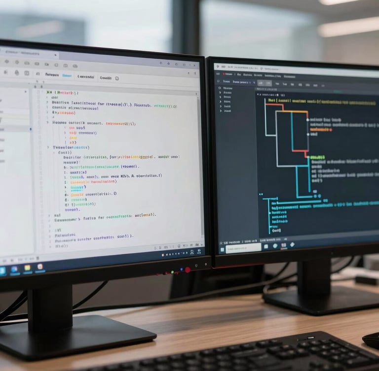 Close-up of dual-monitor workstation in a London office showing structured XML schema validation and data pipelines, cool overcast daylight, sharp focus
