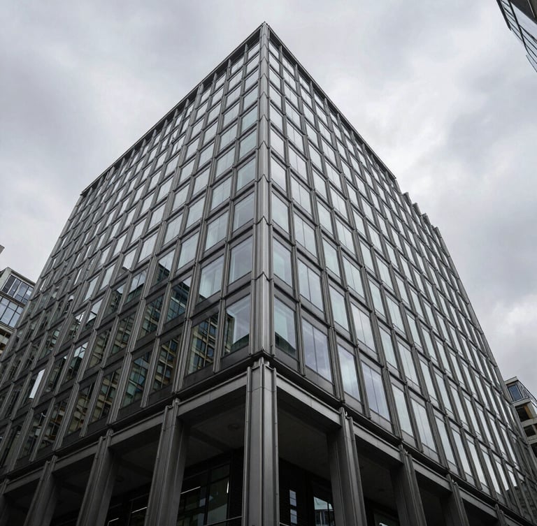 Low angle architectural view of a modern London financial office building, steel and glass grid reflecting overcast grey sky, sharp shadows, technical precision.