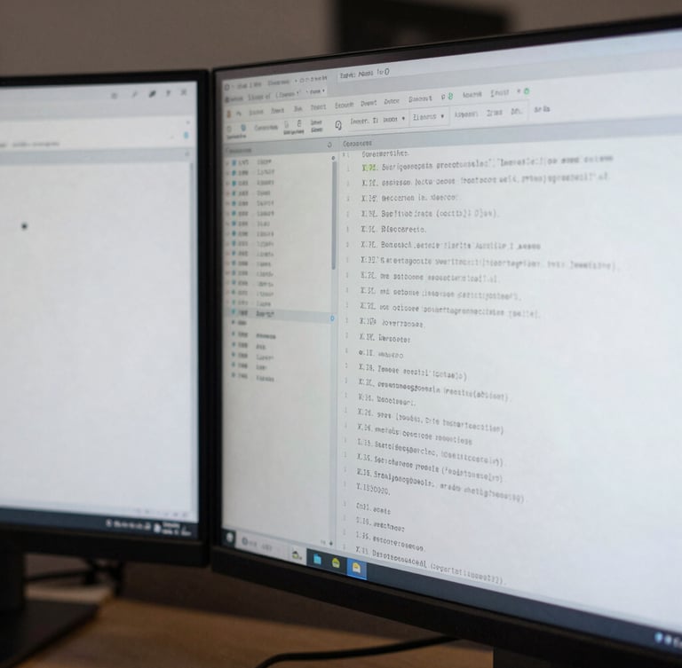 A close-up of a high-resolution dual-monitor setup displaying structured XML schemas and transaction data fields, cool overcast London daylight reflecting on the glass screen.