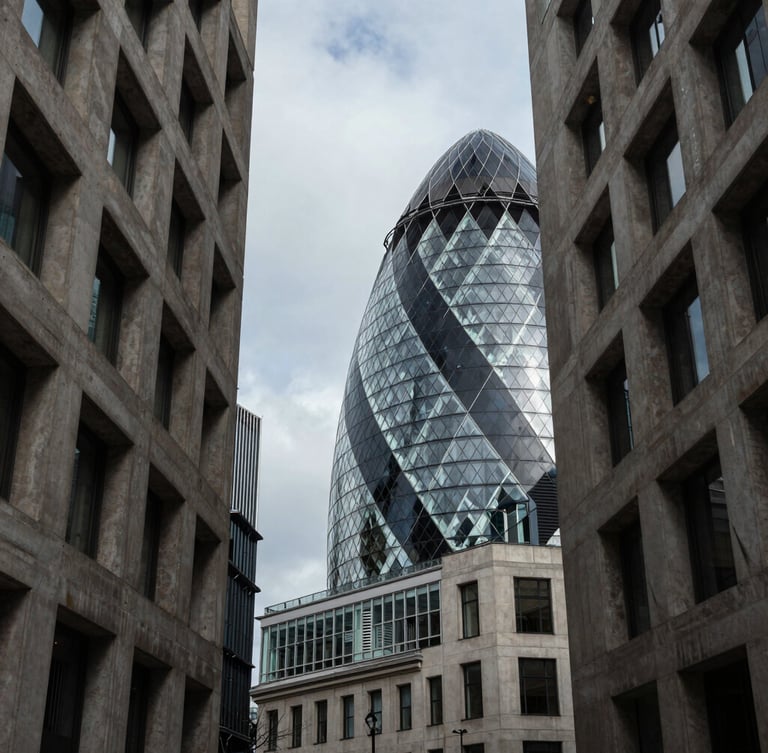 High-end, quiet London financial district architecture, concrete and steel structures, cool overcast daylight, sharp geometric shadows.