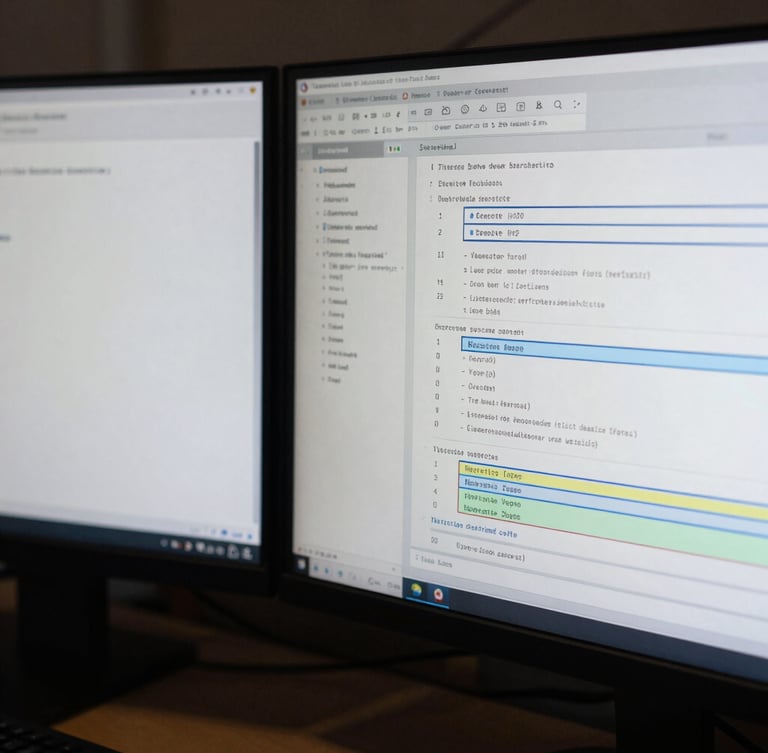 Extreme close-up of dual-monitor setups displaying structured XML schemas and data validation pipelines, cool overcast London daylight, sharp shadows.