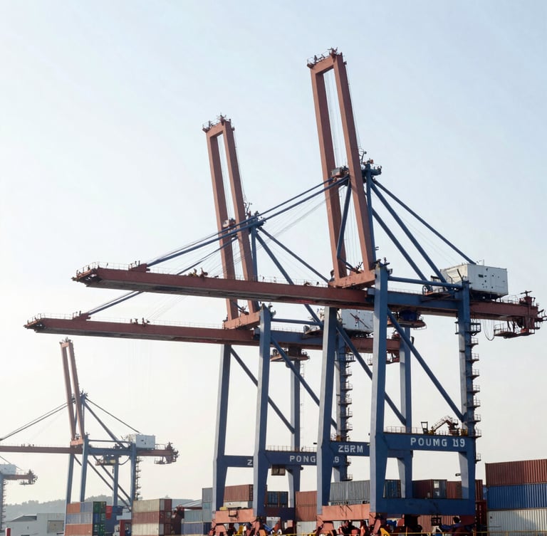 Wide environmental shot of container terminal cranes against a bright morning sky, modern editorial photography, bright natural window light, crisp high-contrast cool tones, sharp focus, 35mm