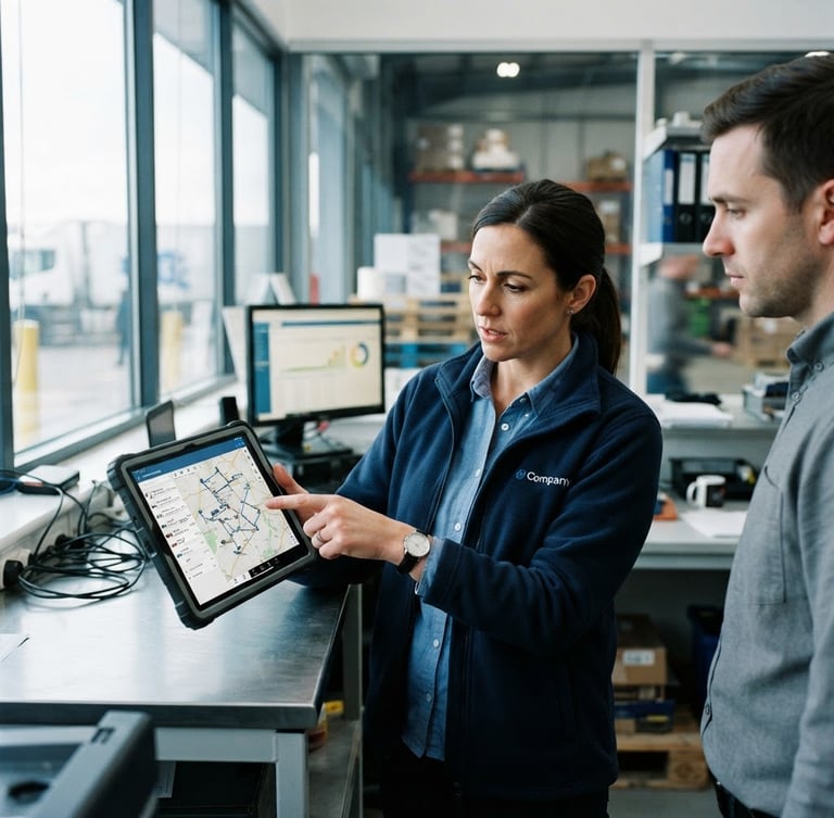A medium environmental shot of an operations manager pointing at a logistics routing map on a tablet, bright natural window light, crisp high-contrast cool tones, 35mm