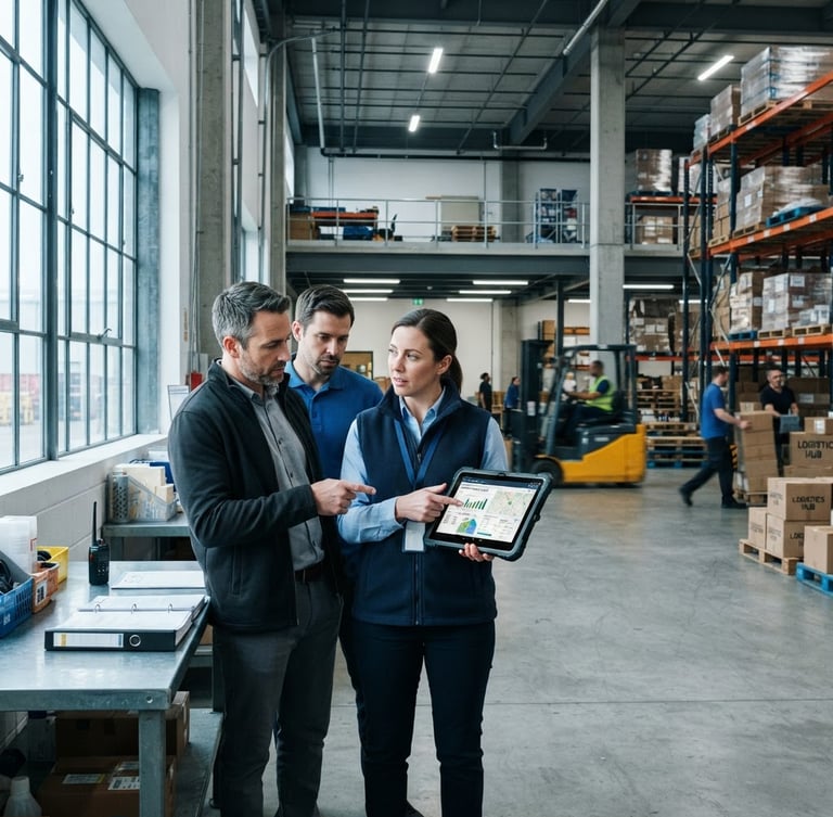 Wide environmental shot of logistics managers reviewing warehouse workflows on a tablet under bright natural window light, high-contrast cool tones, 35mm