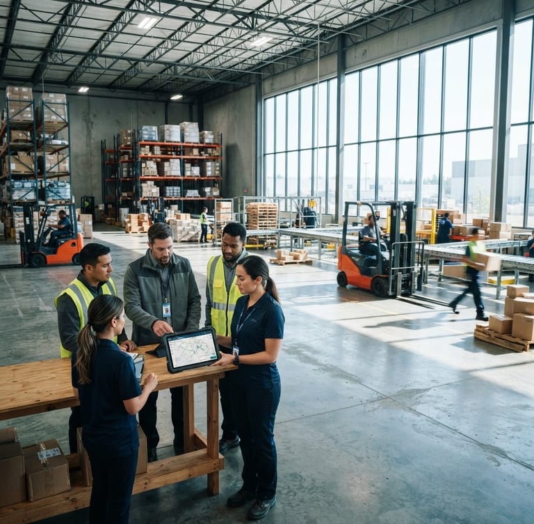 Wide environmental shot of a modern regional logistics hub, bright natural window light casting sharp shadows on concrete, team mapping out workflows on a tablet in the foreground, 35mm