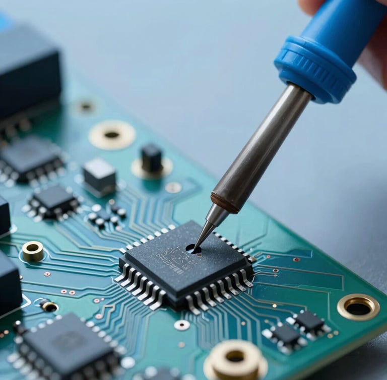 Macro shot of a soldering iron repairing a microchip on a green circuit board, precise workshop setting, cool blue tones, sharp focus