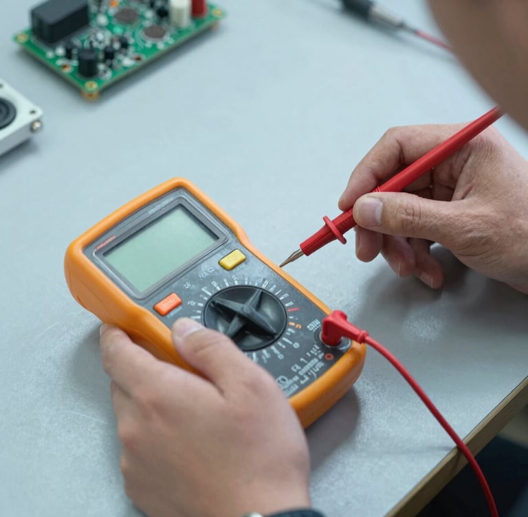 Close-up of a technician using a digital multimeter to test a green circuit board on a clean slate gray workbench, soft cool daylight, high detail, 35mm