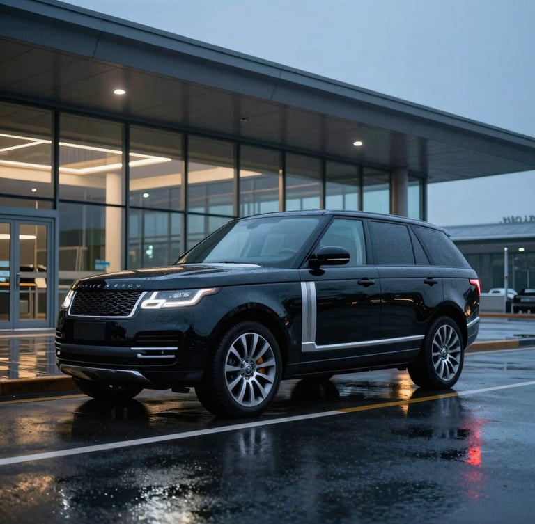Wide environmental shot of a pristine black executive SUV parked outside a modern glass terminal at dusk, cool blue hour lighting, sharp reflections on wet asphalt.