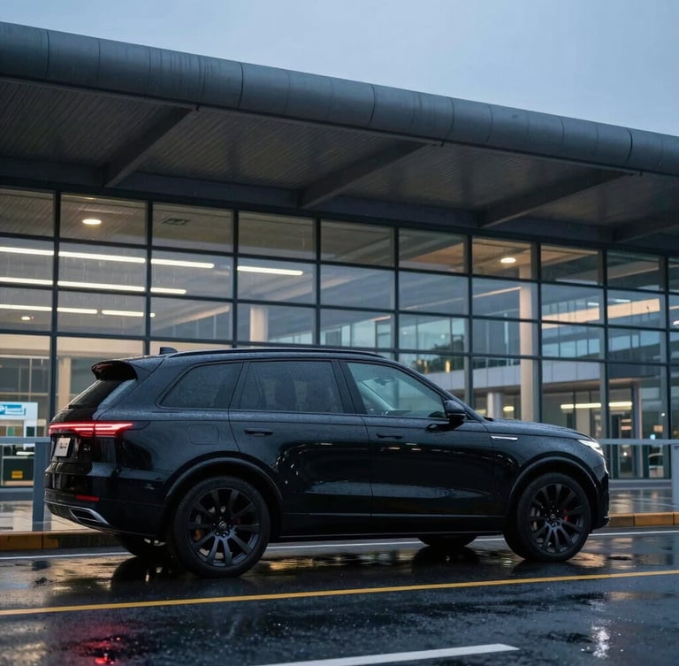 Wide panoramic shot of a sleek black executive SUV parked outside a modern steel-and-glass terminal during morning blue hour, rain-slicked asphalt reflecting cool light.