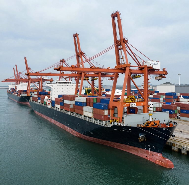 Wide-angle overhead shot of a deep-water shipping terminal, massive container ships docked, towering orange gantry cranes loading cargo under a crisp overcast sky.