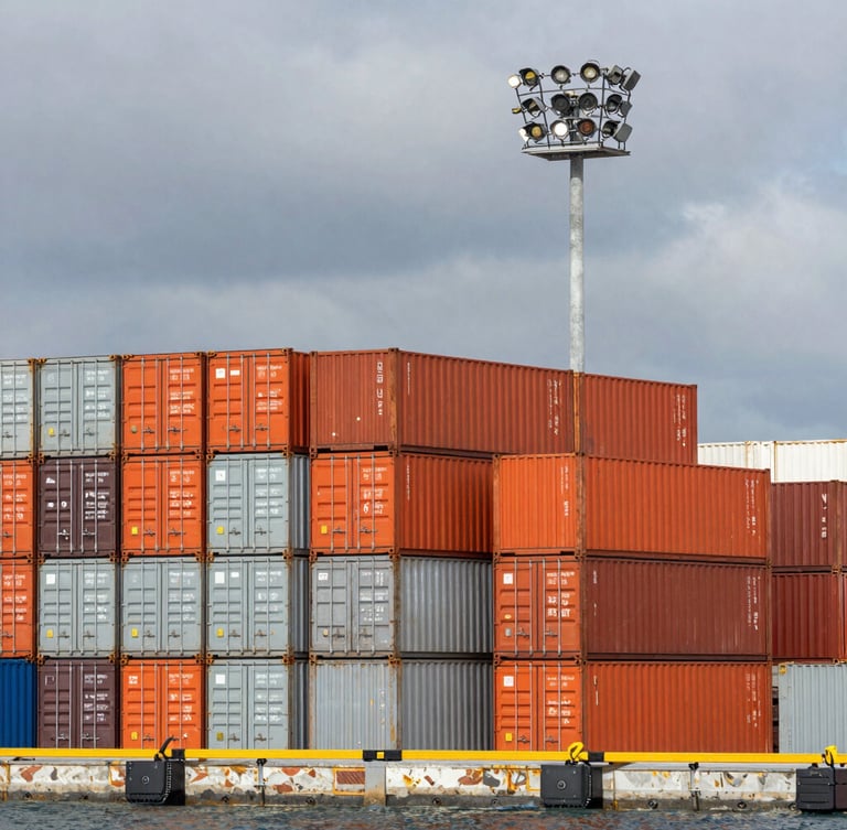High-contrast wide shot of a modern deep-water port terminal with stacked orange and gray shipping containers, overcast sky, sharp industrial lighting.