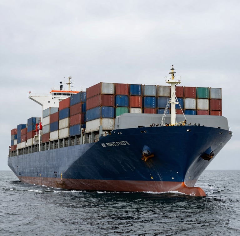 A towering container ship loaded with cargo containers, navigating through deep gray water under an overcast sky, industrial scale.
