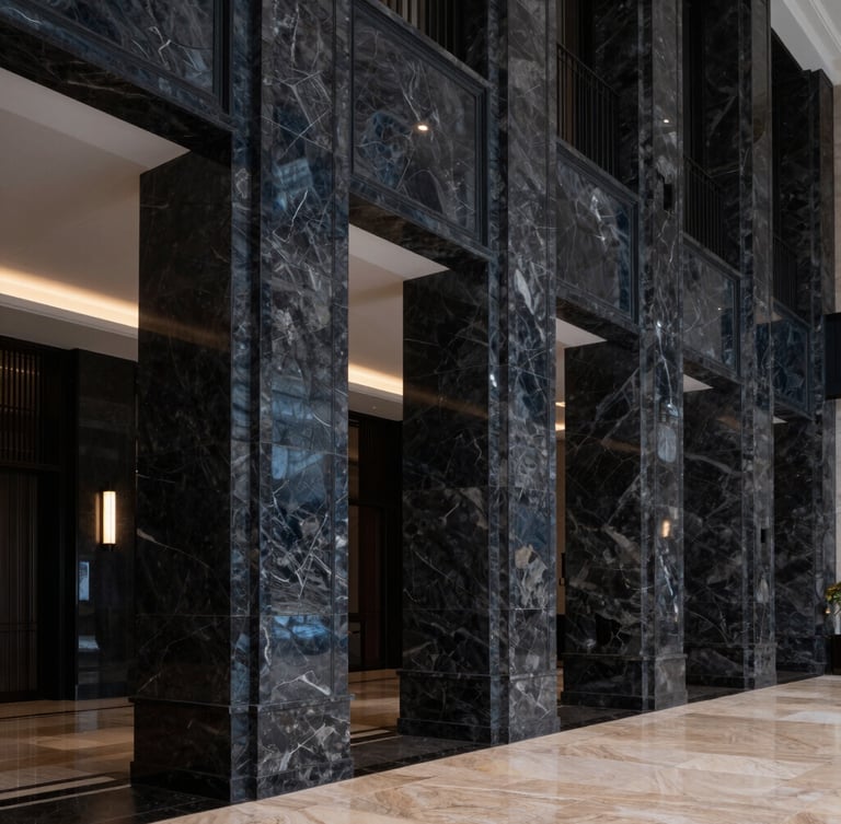 Sharp architectural photography of a luxury hotel lobby with dramatic high-contrast lighting, deep navy and charcoal tones, crisp marble columns, 35mm lens
