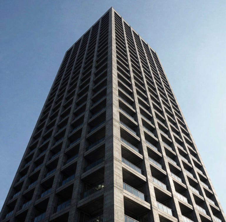 Wide-angle architectural photograph of a modern steel and concrete skyscraper frame under a crisp, high-contrast sky, dramatic structural lines, 35mm lens