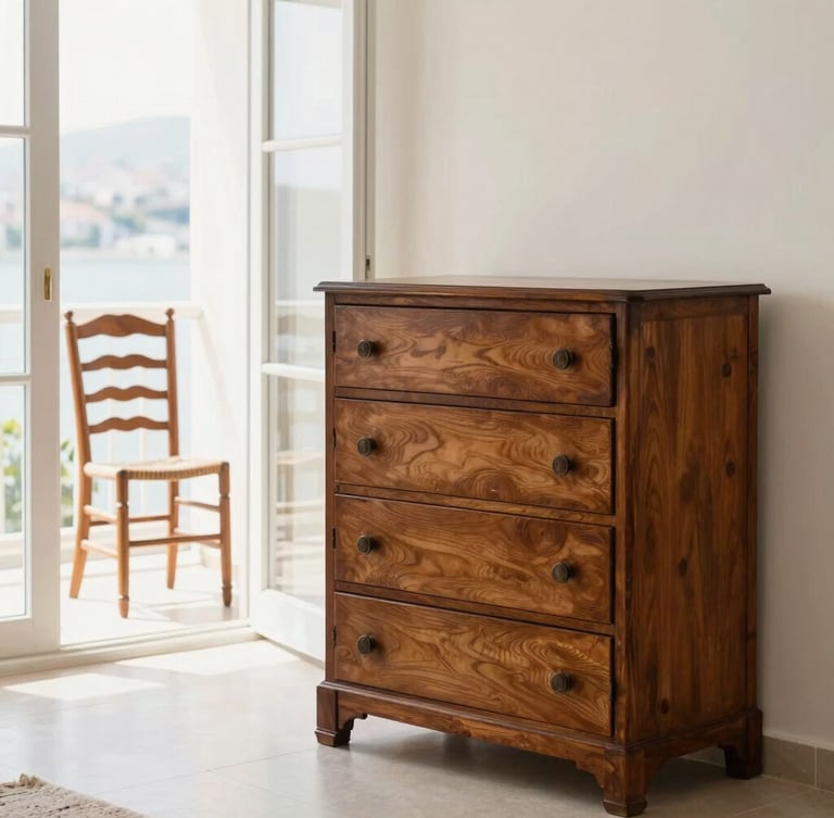 Warm editorial photography of a sunny, clean domestic interior in Sarıyer, featuring an elegant antique wooden chest of drawers and a high-end teak garden chair visible through large open glass doors, bright natural window light, shallow depth of field.