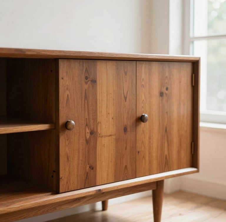 Medium close-up of a beautifully restored mid-century wooden sideboard in a bright, sunlit room, warm daylight highlighting the rich grain, shallow depth of field.