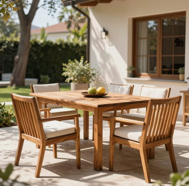 A beautifully arranged outdoor patio in a sunny Sarıyer villa garden, high-end teak wooden outdoor dining set with clean cushions, soft dappled sunlight filtering through trees, warm editorial style, shallow depth of field.