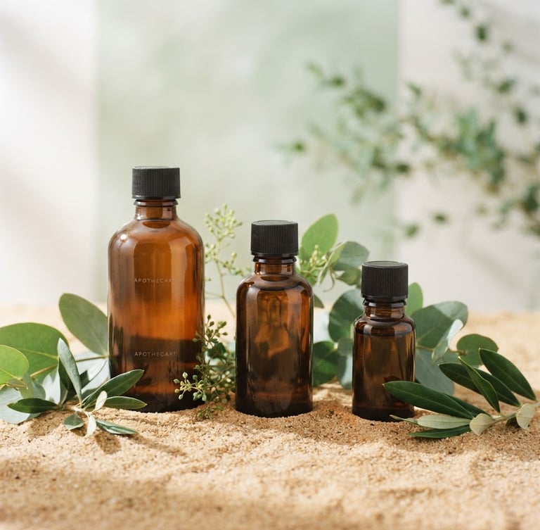 Minimalist studio shot of amber glass apothecary bottles and green leaves on a warm sand surface, soft morning light, clean shadows