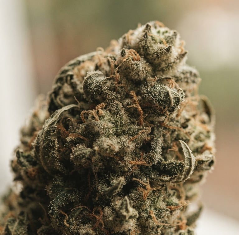 Striking macro shot of trichome-rich cannabis flower, clean-burning, under soft natural window light, shallow depth of field, muted earthy tones.