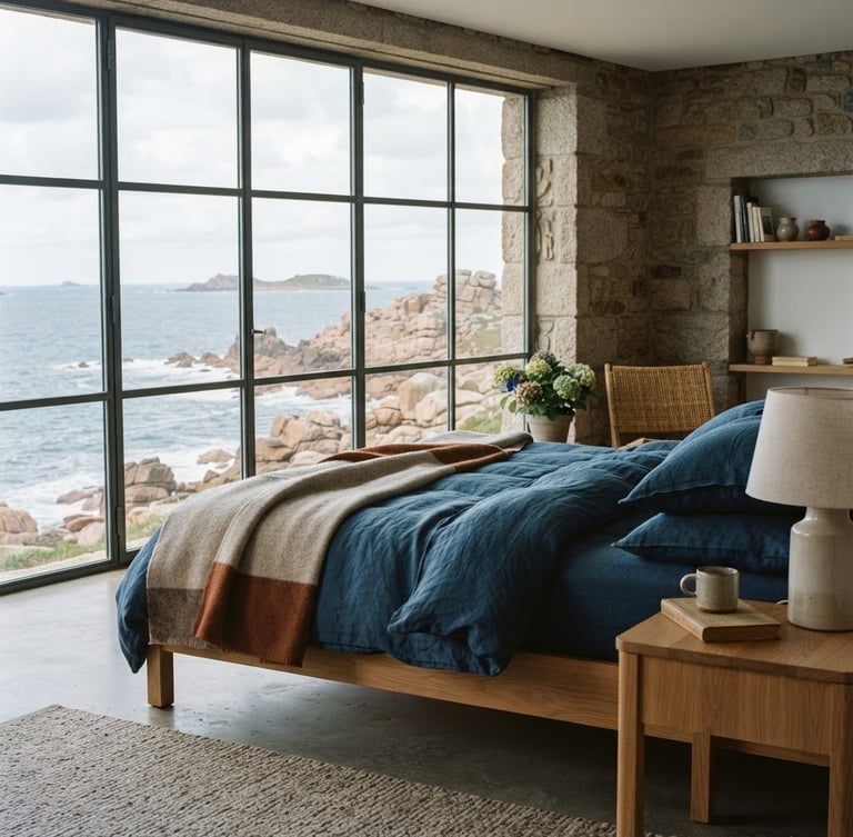 Warm editorial photography of a contemporary bedroom in Perros-Guirec, deep blue linen sheets, large window framing the open sea, soft natural Breton daylight, medium format film.