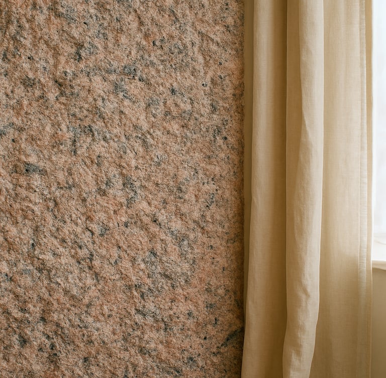 Close-up of raw pink granite wall inside a beautifully lit room, warm linen curtains, soft natural Breton daylight, medium format film