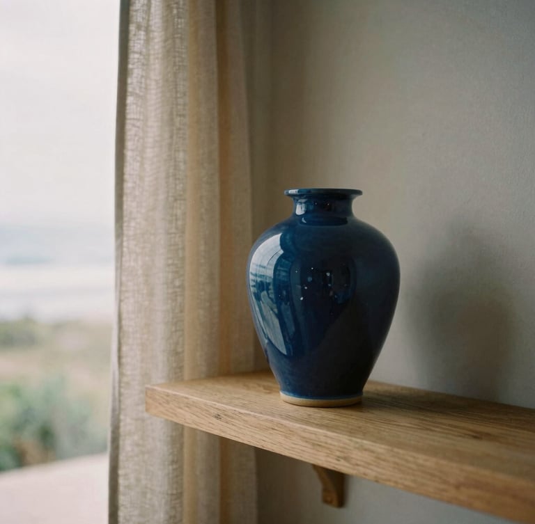 Close-up of interior design details in the Vague Bleue gîte, deep blue ceramic vase on a raw oak shelf, textured linen curtains, soft overcast coastal light.