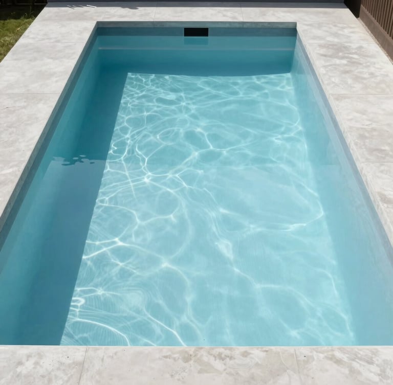 Straight-on architectural view of a minimalist concrete swimming pool with a flawless, glass-smooth light blue epoxy finish, bright natural daylight casting crisp linear shadows.