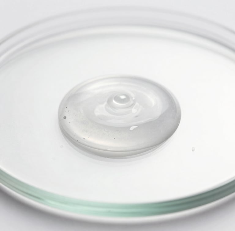 Macro lens close-up of a clear silky emulsion droplet on a clean glass plate, high-key crisp studio lighting, soft silver reflections, bright clean shadows.